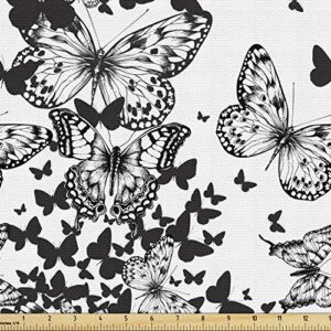 ambesonne black and white fabric by the yard, starry night drifter butterfly silhouettes monochrome sketch style fauna, decorative fabric for upholstery and home accents, 1 yard, white black