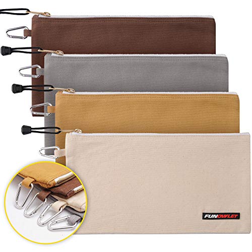 FunOwlet Utility Bag, Canvas Zipper Tool Bags - Heavy Duty Tools Pouch with Carabiner, Multi-Purpose Storage Organizer Clip on Tote Pouches in White, Gray, Tan, Brown, 4 Pack