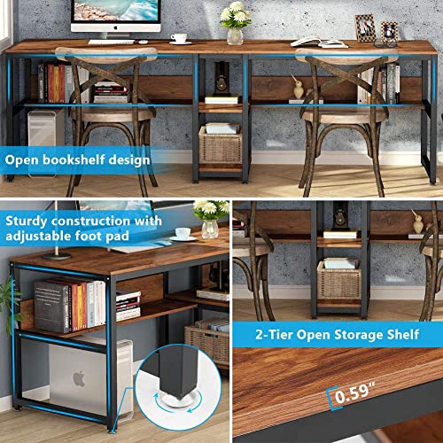 Tribesigns Two Person Desk with Bookshelf, 78.7 Computer Office Double Desk for Two Person, Rustic Writing Desk Workstation with Shelf for Home Office (Brown)