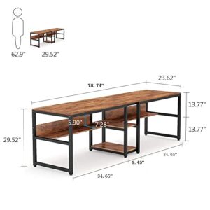 Tribesigns Two Person Desk with Bookshelf, 78.7 Computer Office Double Desk for Two Person, Rustic Writing Desk Workstation with Shelf for Home Office (Brown)