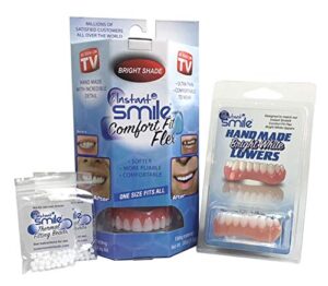 instant smile comfort fit flex teeth - upper and lower matching set, bright white shade! fix your smile at home within minutes!