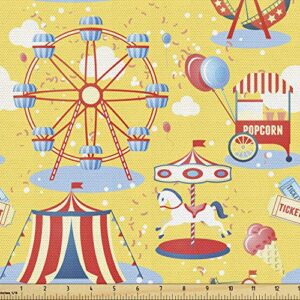 ambesonne circus fabric by the yard, amusement park pattern with ferris wheel popcorn ice cream tent, decorative fabric for upholstery and home accents, 1 yard, mustard vermilion