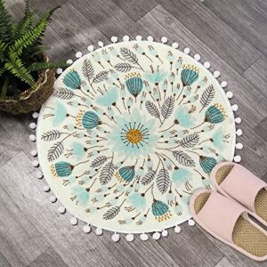 uphome small round rug 2’ circle cute bath mat with pom poms fringe floral plant washable bathroom rugs soft non-slip circular throw rug carpet for shower sink powder room nursery bedroom table