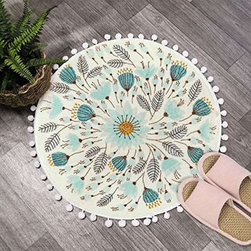 Uphome Small Round Rug 2’ Circle Cute Bath Mat with Pom Poms Fringe Floral Plant Washable Bathroom Rugs Soft Non-Slip Circular Throw Rug Carpet for Shower Sink Powder Room Nursery Bedroom Table