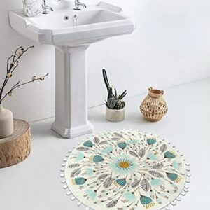 Uphome Small Round Rug 2’ Circle Cute Bath Mat with Pom Poms Fringe Floral Plant Washable Bathroom Rugs Soft Non-Slip Circular Throw Rug Carpet for Shower Sink Powder Room Nursery Bedroom Table