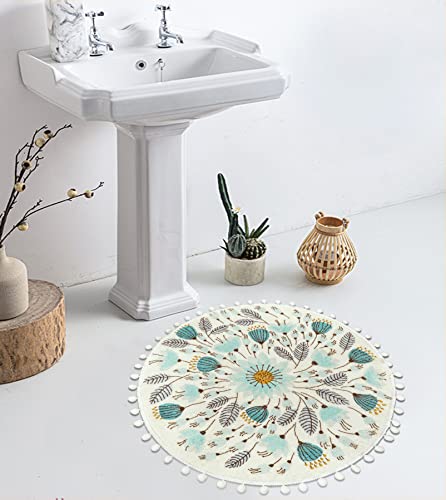 Uphome Small Round Rug 2’ Circle Cute Bath Mat with Pom Poms Fringe Floral Plant Washable Bathroom Rugs Soft Non-Slip Circular Throw Rug Carpet for Shower Sink Powder Room Nursery Bedroom Table