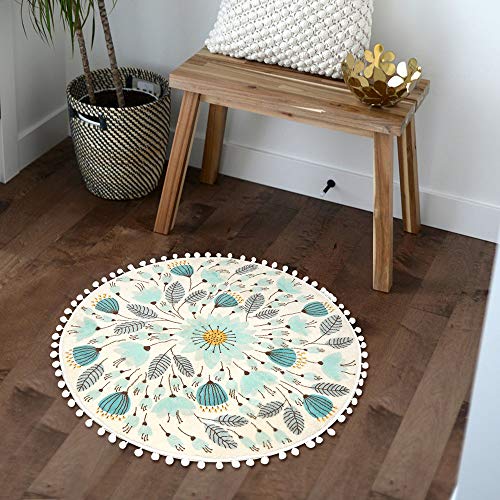 Uphome Small Round Rug 2’ Circle Cute Bath Mat with Pom Poms Fringe Floral Plant Washable Bathroom Rugs Soft Non-Slip Circular Throw Rug Carpet for Shower Sink Powder Room Nursery Bedroom Table