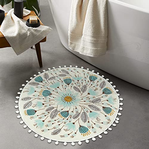 Uphome Small Round Rug 2’ Circle Cute Bath Mat with Pom Poms Fringe Floral Plant Washable Bathroom Rugs Soft Non-Slip Circular Throw Rug Carpet for Shower Sink Powder Room Nursery Bedroom Table