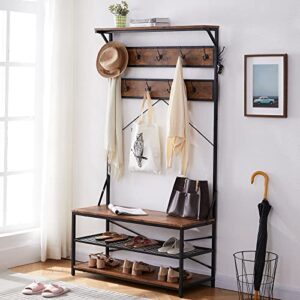 3-in-1 entryway coat rack,vintage industrial hall tree 72 inch with storage bench and coat racks entryway storage shelf organizer with 9 hooks， large size, wood look accent furniture with metal frame