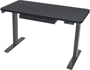 motionwise height adjustable 24x48 inch desk with drawer, adjust 28" to 48" with up to 4 pre-set height adjustments and usb charge port, black top with light grey frame