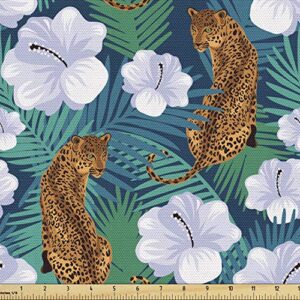 ambesonne tropical fabric by the yard, floral jungle and leopards hibiscus blossoms rainforest wildlife flora theme, decorative fabric for upholstery and home accents, 1 yard, multicolor