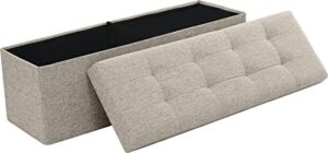 ornavo home foldable tufted linen large storage ottoman bench foot rest stool/seat - 15" x 45" x 15" (beige)