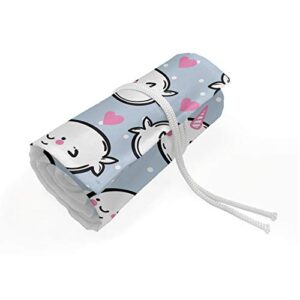 ambesonne narwhal roll up pencil holder, cartoon styled whales with polka dots and hearts background doodle design, painting drawing pencils case for artists students, 36 loops, blue pink