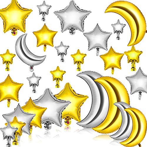 60 Pieces Large Moon Foil Balloons 18/ 36 Inch Moon Balloons 5/ 10/ 18 Inch Silver Gold Foil Star Balloons Mylar Balloons for Party Decoration Baby Shower Birthday