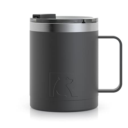 RTIC Coffee Mug with Handle, 12oz, Black, Portable Travel Thermal Camping Cup, Vacuum-Insulated with Lid, Stainless Steel, Sweat Proof, Keeps Hot & Cold Longer