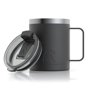 rtic coffee mug with handle, 12oz, black, portable travel thermal camping cup, vacuum-insulated with lid, stainless steel, sweat proof, keeps hot & cold longer