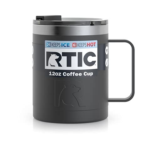 RTIC Coffee Mug with Handle, 12oz, Black, Portable Travel Thermal Camping Cup, Vacuum-Insulated with Lid, Stainless Steel, Sweat Proof, Keeps Hot & Cold Longer