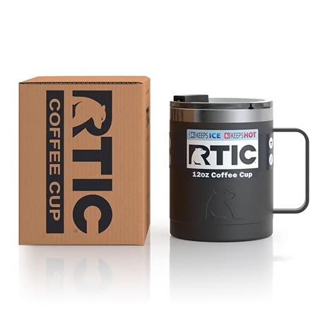 RTIC Coffee Mug with Handle, 12oz, Black, Portable Travel Thermal Camping Cup, Vacuum-Insulated with Lid, Stainless Steel, Sweat Proof, Keeps Hot & Cold Longer