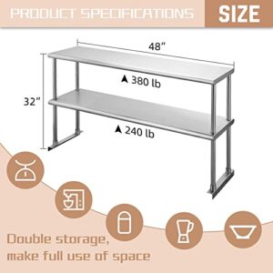 Hally Double Overshelf of Stainless Steel 12'' x 48'' Weight Capacity 380lb, Commercial 2 Tier Shelf for Prep & Work Table in Restaurant, Home and Kitchen