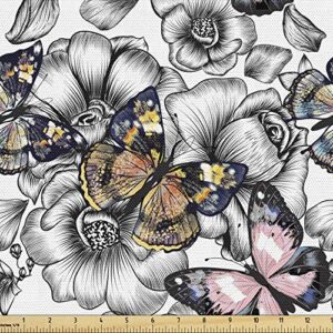 ambesonne butterfly fabric by the yard, monochrome floral with colorful summer season animal blooming flowers, decorative fabric for upholstery and home accents, 1 yard, pink orange