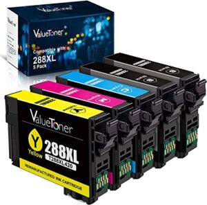 valuetoner remanufactured ink cartridge replacement for epson t288xl t288 xl 288xl 288 xl to use with xp-430 xp-340 xp-440 xp-330 xp-434 xp-446 printer (2 black, 1 cyan, 1 magenta, 1 yellow, 5 pack)