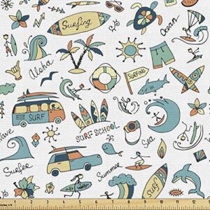 ambesonne surfboard fabric by the yard, cartoon surf associated wording and colorful repeated aloha summery designs, decorative fabric for upholstery and home accents, 2 yards, white multicolor