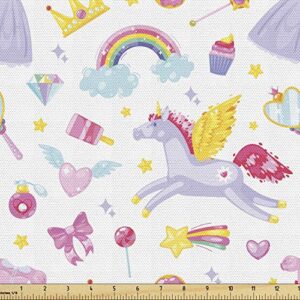 ambesonne rainbow fabric by the yard, repetitive unicorn pegasus with funny cartoon items, decorative fabric for upholstery and home accents, 1 yard, lilac yellow