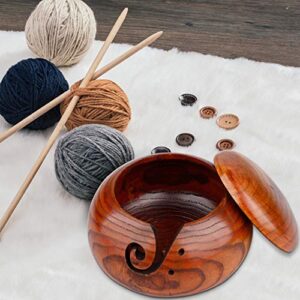 Firlar Unique Wooden Crochet Yarn Bowl,Handmade Yarn Holder for Knitting,Knitting Bowl with Holes Storage Handmade to Prevent Slipping,Yarn Holder Storage Bowl with Lid