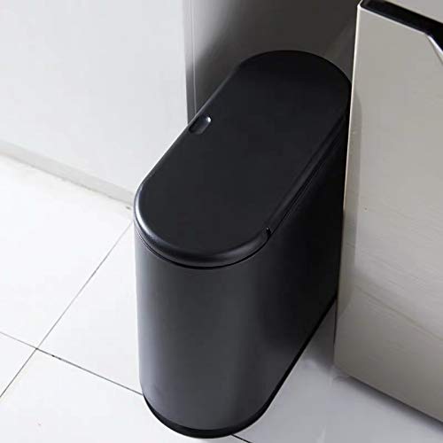 IEEK Plastic Trash Can with Press Top Lid,2.4 Gallon /10 Liter Garbage Can,Black Modern Waste Basket Thin Trash Cans for Bathroom,Kitchen,Living Room,Office and Narrow Spaces