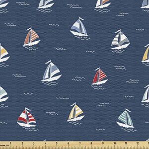 ambesonne maritime fabric by the yard, minimal colorful sailboats pattern of line art waves ocean themed, decorative fabric for upholstery and home accents, 1 yard, dark sky blue multicolor