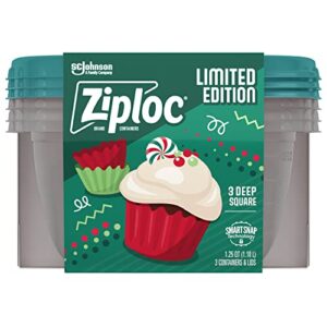 ziploc food storage meal prep containers reusable for kitchen organization, smart snap technology, dishwasher safe, deep square, 3 count, holiday designs, packaging may vary