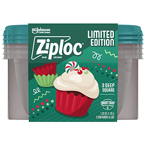 Ziploc Food Storage Meal Prep Containers Reusable for Kitchen Organization, Smart Snap Technology, Dishwasher Safe, Deep Square, 3 Count, Holiday Designs, Packaging May Vary