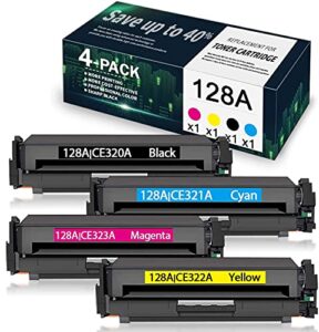 4-pack (1bk/1c/1y/1m) 128a | ce320a ce321a ce322a ce323a compatible remanufactured toner cartridge replacement for hp color laserjet cp1525n cp1525nw cm1415fn cm1415fnw printer toner cartridge.