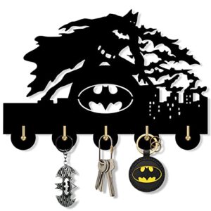 batman key holder, key hanger, wall key rack, wall hooks,wall key holder, key holders, personalized gift, home, housewarming gift, wedding gift (h5) black 12inch with 5 hooks (3)