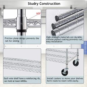 Heavy Duty Metal Shelves Adjustable 6 Tier Wire Shelving Unit with Wheels Anti-Rust Sturdy Wire Shelf 77"x48"x18" Space Saving Steel Wire Rack for Commercial Kitchen Storage Chrome Garage Shelving