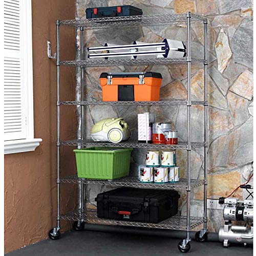 Heavy Duty Metal Shelves Adjustable 6 Tier Wire Shelving Unit with Wheels Anti-Rust Sturdy Wire Shelf 77"x48"x18" Space Saving Steel Wire Rack for Commercial Kitchen Storage Chrome Garage Shelving