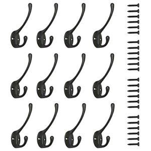 miukada 12 pack dual coat hook, heavy duty wall mounted hooks, rustic double hooks for coat, scarf, bag, towel, key, cap, cup, hat(black color, screws included)