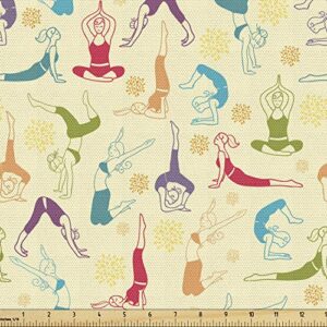 ambesonne yoga fabric by the yard, workout themed fitness girls pattern abstract meditation postures arrangement asian, decorative fabric for upholstery and home accents, 1 yard, cream red