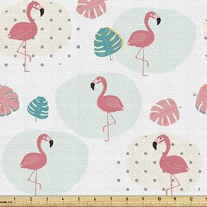 ambesonne tropical fabric by the yard, flamingo birds on polka dots exotic monstera leaves pastel hawaiian, decorative fabric for upholstery and home accents, 1 yard, coral seafoam