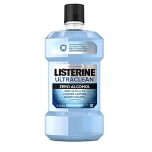 listerine ultraclean zero alcohol tartar control mouthwash, oral rinse to help fight bad breath and tartar, for cleaner, naturally white teeth, less intense arctic mint taste, 1 l