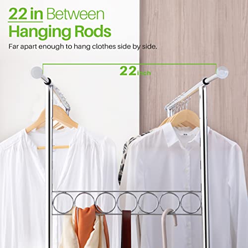 HOKEEPER Double Clothing Garment Rack with Shelves Capacity 600 lbs Clothing Racks on Wheels Rolling Clothes Rack for Hanging Clothes Heavy Duty Portable Collapsible Commercial Garment Rack Chrome