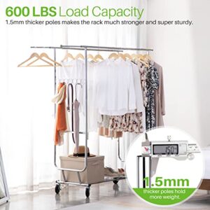 HOKEEPER Double Clothing Garment Rack with Shelves Capacity 600 lbs Clothing Racks on Wheels Rolling Clothes Rack for Hanging Clothes Heavy Duty Portable Collapsible Commercial Garment Rack Chrome