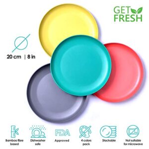 GET FRESH Bamboo Kids Plates Set – 4-pack Reusable Bamboo Dinner Plates for Kids and Toddlers – Colorful Bamboo Fiber Childrens Dinnerware Set – Kids Bamboo Tableware Plates for Everyday Use