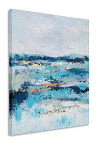yihui arts abstract ocean canvas wall art - blue and teal painting with gold foil - modern coastal pictures for living room bedroom kitchen dinning decor