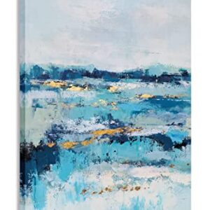 Yihui Arts Abstract Ocean Canvas Wall Art - Blue and Teal Painting with Gold Foil - Modern Coastal Pictures for Living Room Bedroom Kitchen Dinning Decor