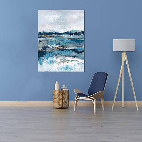 Yihui Arts Abstract Ocean Canvas Wall Art - Blue and Teal Painting with Gold Foil - Modern Coastal Pictures for Living Room Bedroom Kitchen Dinning Decor