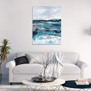 Yihui Arts Abstract Ocean Canvas Wall Art - Blue and Teal Painting with Gold Foil - Modern Coastal Pictures for Living Room Bedroom Kitchen Dinning Decor