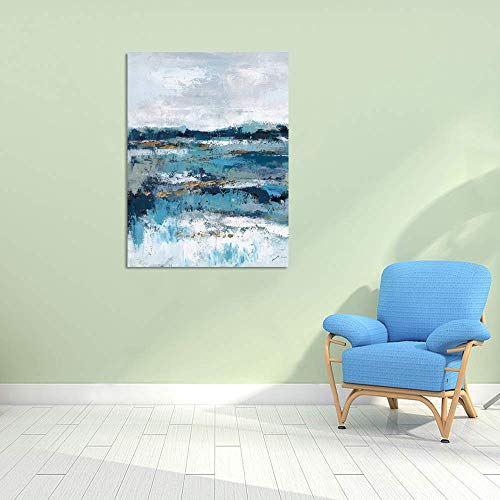 Yihui Arts Abstract Ocean Canvas Wall Art - Blue and Teal Painting with Gold Foil - Modern Coastal Pictures for Living Room Bedroom Kitchen Dinning Decor