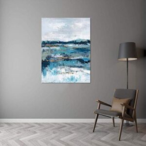 Yihui Arts Abstract Ocean Canvas Wall Art - Blue and Teal Painting with Gold Foil - Modern Coastal Pictures for Living Room Bedroom Kitchen Dinning Decor