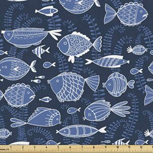 ambesonne ocean fabric by the yard, sealife marine navy image tropic fish moss leaves art print, decorative fabric for upholstery and home accents, 1 yard, blue indigo